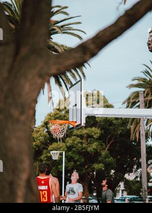 Alcuni locali australiani giocano una partita di pallacanestro, circondati da palme in Australia Foto Stock