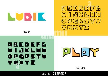 Ludico Children Flat Vector Typeface. Carino cartone animato stile geometrico carattere maiuscolo. Riempimento Solido E Tipografia Di Contorno. Illustrazione Vettoriale