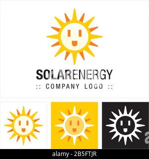 Logo Solar Energy Vector Symbol Company. Logotipo Stile Cartone Animato. Illustrazione Delle Icone Sun, Electric Plug And Smile (Emoticon). Concetto Di Identità Elegante Illustrazione Vettoriale