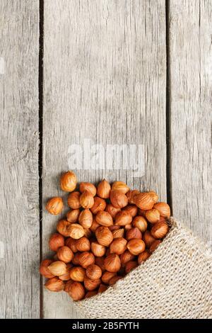 Nocciole cesellate in un sacchetto di tela su un tavolo di legno grigio. Fresco Biologico Raccolto. Senza guscio sano vegetariano super cibo. Foto Stock