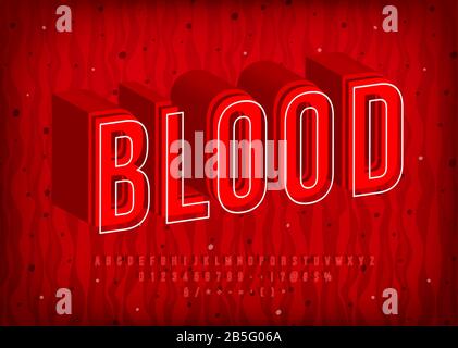 Blood Alphabet, lettere calde termali, carattere rosso alla moda. Numeri e simboli Illustrazione Vettoriale