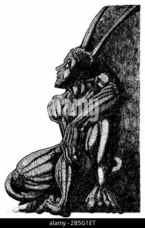 Disegno dell'inchiostro (Lavoro del portello) di Lucifer (angelo scuro, diavolo) che osserva capovolto in Uno Stile unico Textured. Illustrazione manuale artistica girata su vettore. Illustrazione Vettoriale