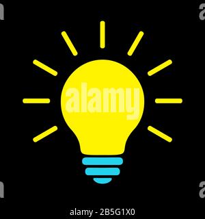 Illuminazione Lampada Elettrica Con Raggi, Semplice Pittogramma. Lampadina Gialla Icona Piatta. Elemento Di Disegno Grafico Vettoriale. Segno Creativo Di Idea, Soluzione, Pensare Illustrazione Vettoriale