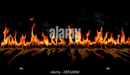 Fuoco fiamme con ombra e fumo su Abstract arte sfondo nero, Burning rosso caldo scintille sorgere, fuoco arancione incandescente particelle di volo Foto Stock