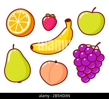 Carino cartone animato frutta doodle set. Arancia e banana, mela e pera, pesca, uva e fragola. Raccolta di illustrazioni vettoriali isolate. Illustrazione Vettoriale