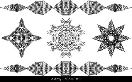 Set di tre simboli di contorno in stile antico: Croce, mandala geometrica e fiore Illustrazione Vettoriale