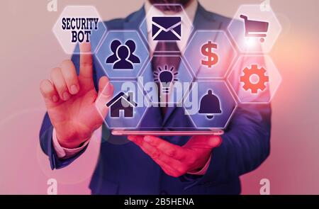 Testo della scrittura Security Bot. Foto concettuale software che esegue un'attività automatizzata su Internet Foto Stock