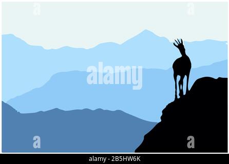 Un camoscio si erge sulla cima di una collina con le montagne sullo sfondo. Silhouette nera con sfondo blu. Illustrazione. Foto Stock