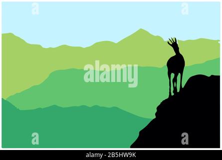 Un camoscio si erge sulla cima di una collina con le montagne sullo sfondo. Silhouette nera con sfondo verde. Illustrazione. Foto Stock