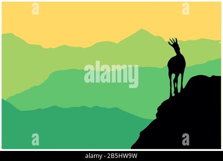 Un camoscio si erge sulla cima di una collina con le montagne sullo sfondo. Silhouette nera con sfondo verde e giallo. Illustrazione. Foto Stock