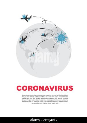 Virus Corona 2019-nCoV. Coronavirus respiratorio patogeno cinese. Influenza diffusione del mondo. Gli aerei trasferiscono le cellule del virus dell'influenza dalla Cina. Pericoloso Illustrazione Vettoriale