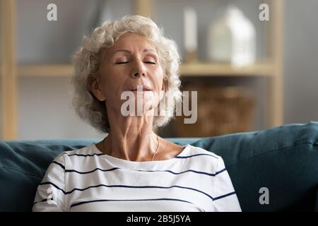 La donna anziana pacifica riposa sul divano che prende il pisolino Foto Stock