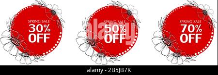 Vendita di primavera. Fiori vettoriali disegnati a mano su cerchio rosso. 30, 50, 70 procent off. Cornice floreale Illustrazione Vettoriale