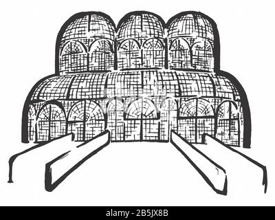 Ink Drawing Of Curitiba Botanical Garden Greenhouse (Punto Turistico, Punto Di Riferimento, Luogo Famoso). Illustrazione Del Manuale Di Stile Artistico Del Contenitore. Foto Stock