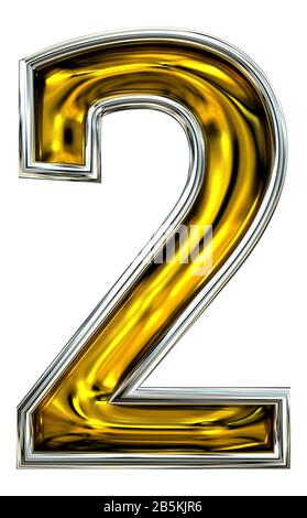 Rendering 3D, numero due 2. Grafica in metallo goffrato. Font stile numeri Cool Door. Rendering ABC ad alta risoluzione Breezy. Argento rimmed. Isolato su bianco Foto Stock