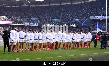 BT Murrayfield Stadium.Edinburgh.Scotland, Regno Unito. 8th Mar, 2020. Partita Di Test Del Guinness Delle Sei Nazioni Scozia Contro Francia. France Line up a Murrayfield . Credito: Eric mccowat/Alamy Live News Foto Stock