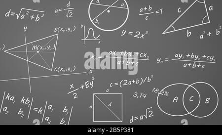 Formule matematiche, Grafici e simboli sulla lavagna Foto Stock