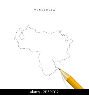 Venezuela a mano libera schizzo matita mappa contorno isolato su sfondo bianco. Mappa vuota disegnata a mano del Venezuela. Matita 3D realistica con ombra morbida. Foto Stock