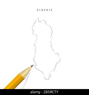 Albania mano libera schizzo matita mappa contorno isolato su sfondo bianco. Mappa vuota disegnata a mano dell'Albania. Matita 3D realistica con ombra morbida. Foto Stock