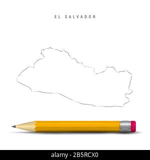 El Salvador disegno a matita a mano libera mappa del contorno isolato su sfondo bianco. Mappa vuota disegnata a mano di El Salvador. Matita 3D realistica con ombra morbida Foto Stock
