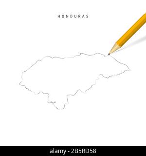 Honduras matita a mano libera schizzo mappa contorno isolato su sfondo bianco. Mappa vuota disegnata a mano dell'Honduras. Matita 3D realistica con ombra morbida. Foto Stock