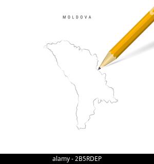 Moldavia mano libera matita schizzo mappa contorno isolato su sfondo bianco. Mappa vuota disegnata a mano della Moldavia. Matita 3D realistica con ombra morbida. Foto Stock