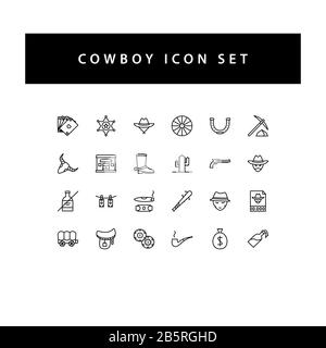 Set di icone Cowboys con design con contorno di colore nero. Illustrazione Vettoriale