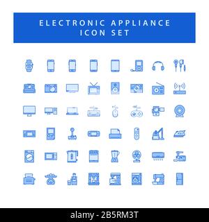 Set di icone elettroniche per elettrodomestici con design a profilo pieno. Illustrazione Vettoriale