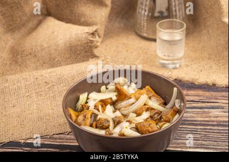 Funghi sottaceto con cipolla, shot di vodka e una caraffa sullo sfondo di tessuto di homespun ruvido. Pasto villaggio. Primo piano Foto Stock