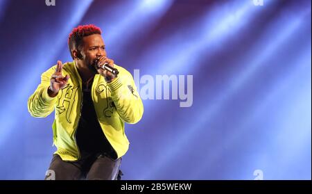 Port OF SPAIN, TRINIDAD - FEB 17: Giamaicano dancehall registrazione artista Konshens si esibisce alla finale Machel Lunedi concerto ‘The Wedding’ durante Carniv Foto Stock