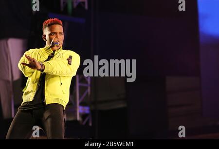 Port OF SPAIN, TRINIDAD - FEB 17: Giamaicano dancehall registrazione artista Konshens si esibisce alla finale Machel Lunedi concerto ‘The Wedding’ durante Carniv Foto Stock