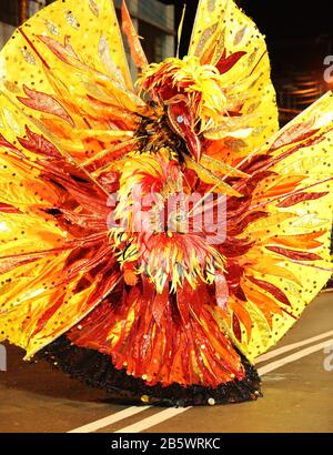 Port OF SPAIN, TRINIDAD - 20 FEBBRAIO: Aniya Sealy ritrae Phoenix Rising dalle Ashes durante la Junior Queen, King e Privati delle finali di Carnevale Foto Stock