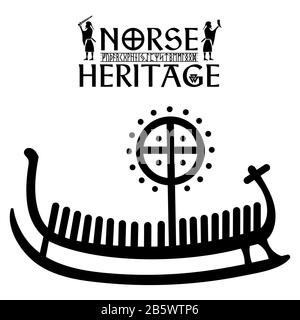 Nave Drakkar, illustrazione con pietra runica antica dalla Scandinavia Illustrazione Vettoriale