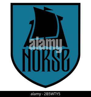Nave da guerra dei Vichinghi. Logo Drakkar, antico motivo scandinavo e segno norse Valknut Illustrazione Vettoriale
