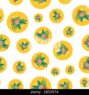 Composizioni floreali in pois gialli senza cuciture sfondo vettoriale. Sorgente astratta creativa o estate che ripetono motivi geometrici e floreali. Illustrazione Vettoriale