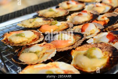 Primo piano di conchiglie di capesante scottate con burro su una stufa framing servita con salsa di pesce. Foto Stock