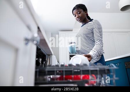 Teenage Girl Boy Aiutare Con I Chores A Casa Da Stacking Stoviglie In Lavastoviglie Foto Stock
