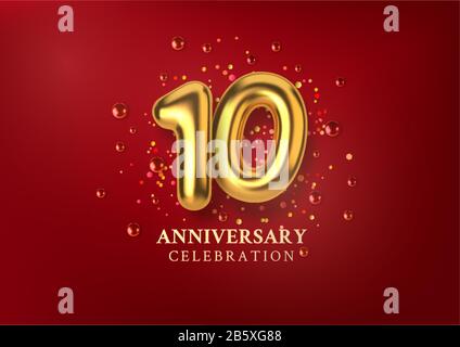 10th anniversario celebrazione. Numero sotto forma di palloncini d'oro. Numeri d'oro 3d realistici e confetti scintillanti, luccicanti. Modello orizzontale Illustrazione Vettoriale
