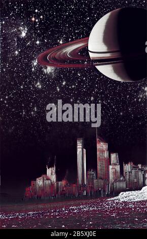 Fantasy landscape for Book Cover - moderno skyline della città su duna e nebbia illustrazione digitale. Elementi di questa immagine fornita dalla NASA Foto Stock