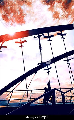 Illustrazione digitale per e-book cover fantasy paesaggio - silhouette di due persone a piedi sul ponte con enorme luna visibile nel cielo. Elementi di t Foto Stock
