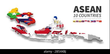 ASEAN . Associazione Delle Nazioni Del Sud-Est Asiatico. 3D carta dei paesi e bandiera nazionale del membro con ombra . Vettore . Illustrazione Vettoriale