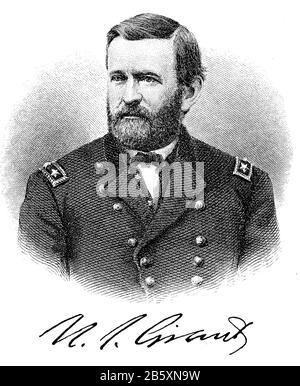 Ulysses S. Grant, nato Hiram Ulysses Grant, 27 aprile 1822 – 23 luglio 1885, è stato un soldato e politico americano che ha servito come 18th presidente degli Stati Uniti dal 1869 al 1877 / Ulysses S. Grant, geboren am 27. Aprile 1822 - 23. Juli 1885 in Hiram Ulysses Grant, guerra ein amerikanischer Soldat und Politiker, der von 1869 bis 1877 als 18. Präsident der Vereinigten Staaten fungierte, Historisch, riproduzione digitale migliorata di un originale del 19th secolo / digitale Reproduktion einer Originalvorlage aus dem 19. Jahrhundert, Foto Stock