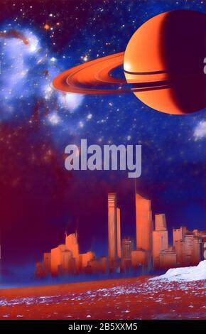 Fantasy landscape for Book Cover - moderno skyline della città su duna e nebbia illustrazione digitale. Elementi di questa immagine fornita dalla NASA Foto Stock