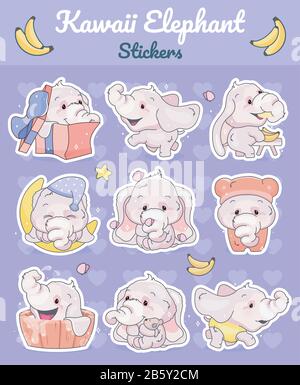 Simpatici elefanti kawaii cartoni animati set di caratteri vettoriali. Adorabile e divertente animale diverse pose ed emozioni isolato adesivo, patch. ANIME baby girl Illustrazione Vettoriale