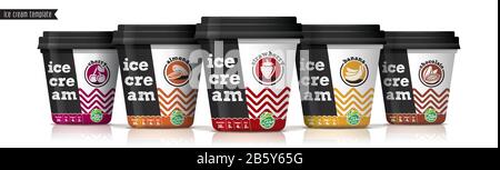 Progettazione di confezioni vettoriali per gelato. Set gelato alla frutta e noci. Illustrazione Vettoriale