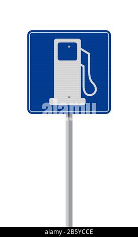 Illustrazione vettoriale del cartello stradale blu della pompa della stazione di servizio su palo metallico Illustrazione Vettoriale