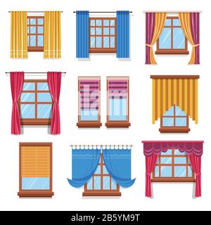 Tende e blinders su finestre icone isolate, tessuto e legno Illustrazione Vettoriale