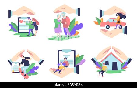 Assicurazione icone isolate, vita medica e assicurazione di proprietà Illustrazione Vettoriale