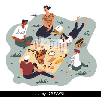 Personaggi maschili e femminili su picnic parlare e mangiare Illustrazione Vettoriale