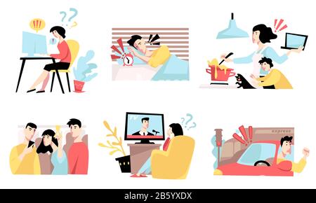 Stressato uomo e donna, stress nella vita quotidiana, icona isolata Illustrazione Vettoriale